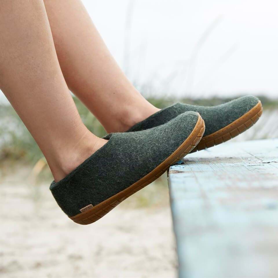 Glerups Unisex Felt Wool Shoe with Rubber Sole - Forest Green