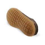 Close-up of a brown shoe sole with tread pattern on a white background
